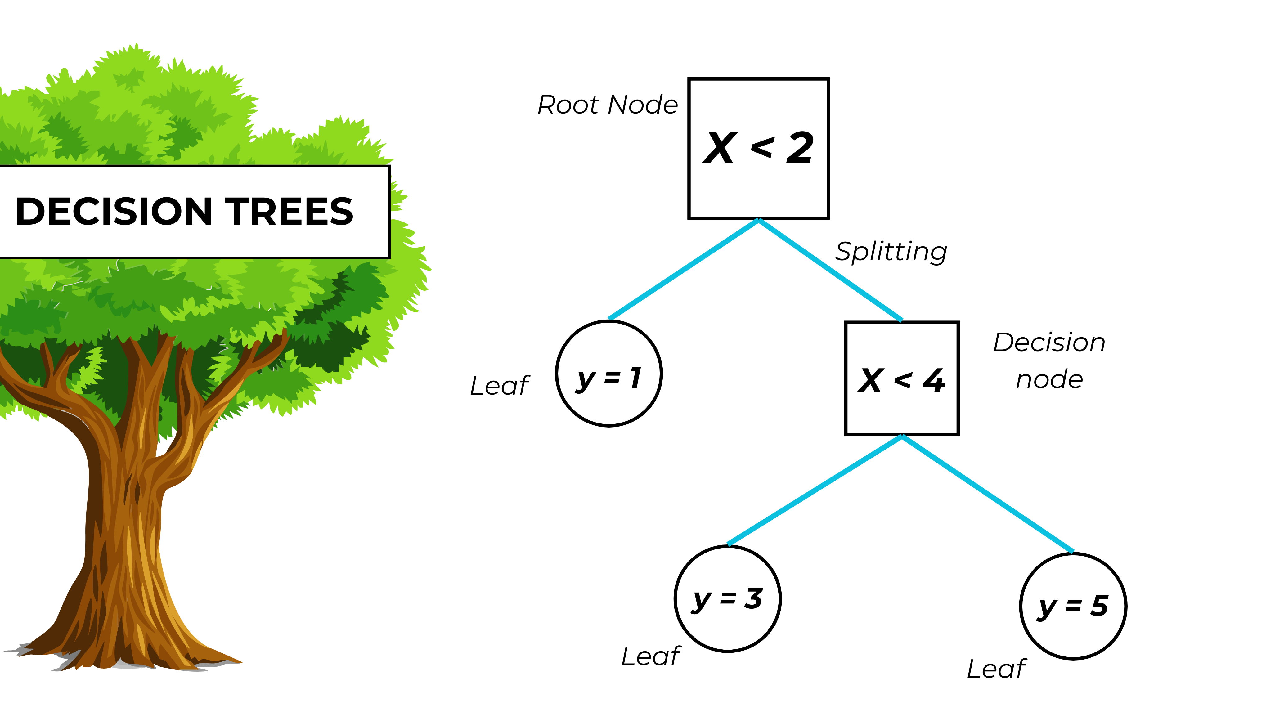 Decision tree text on a tree image near a graphic representation of the model
